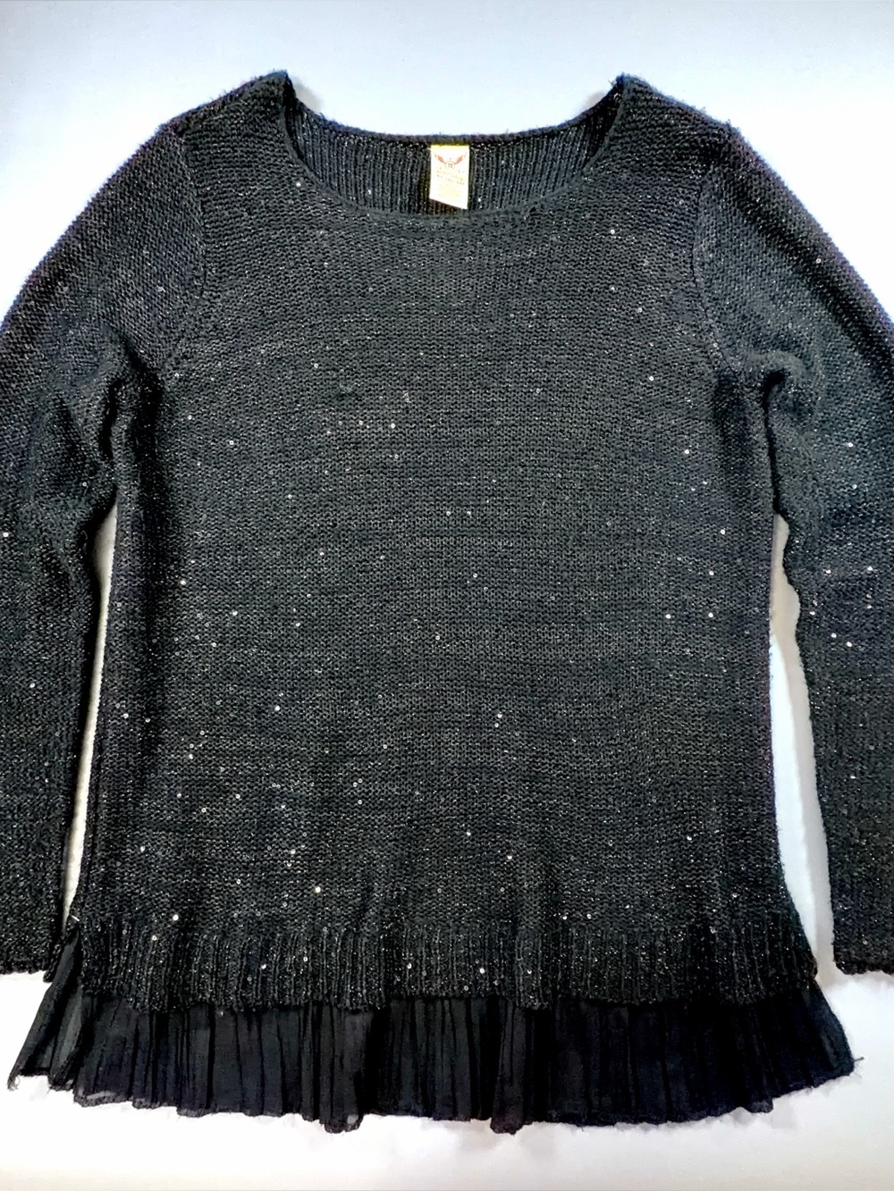 Faded Glory XL 16-18 Black Soot Sequin Tunic Sweater Pleated Chiffon Hem Evening